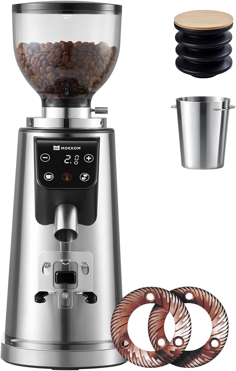 Titanium 64mm Flat Burr Coffee Grinder With Single Dose,100 Settings, Coffee Bean Grinder With Digital Electronic Timer,Stainless Steel Body&Anti-Static For Espresso, Pour Over And French Press