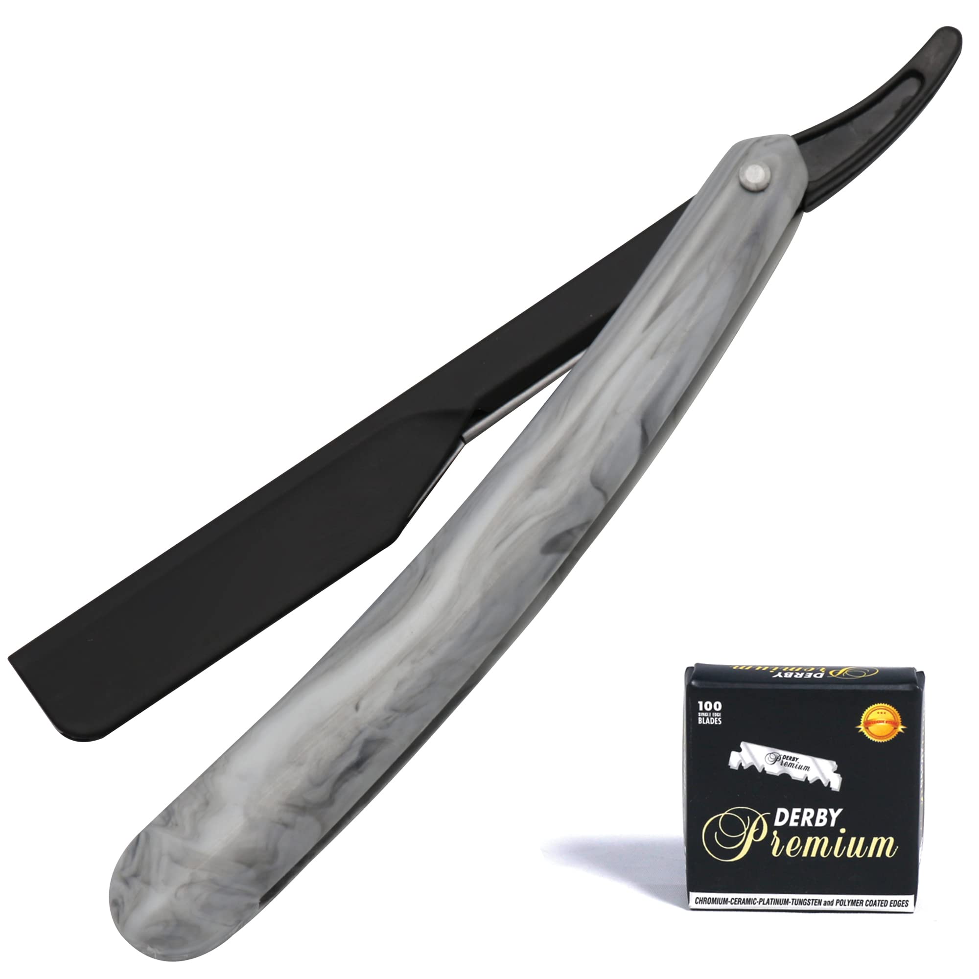 Professional Straight Edge Razor for Men with 100-Pack Replaceable Derby Blades Barber Single Blade Shaving Razor -navajas para barbero (Stone Slide)