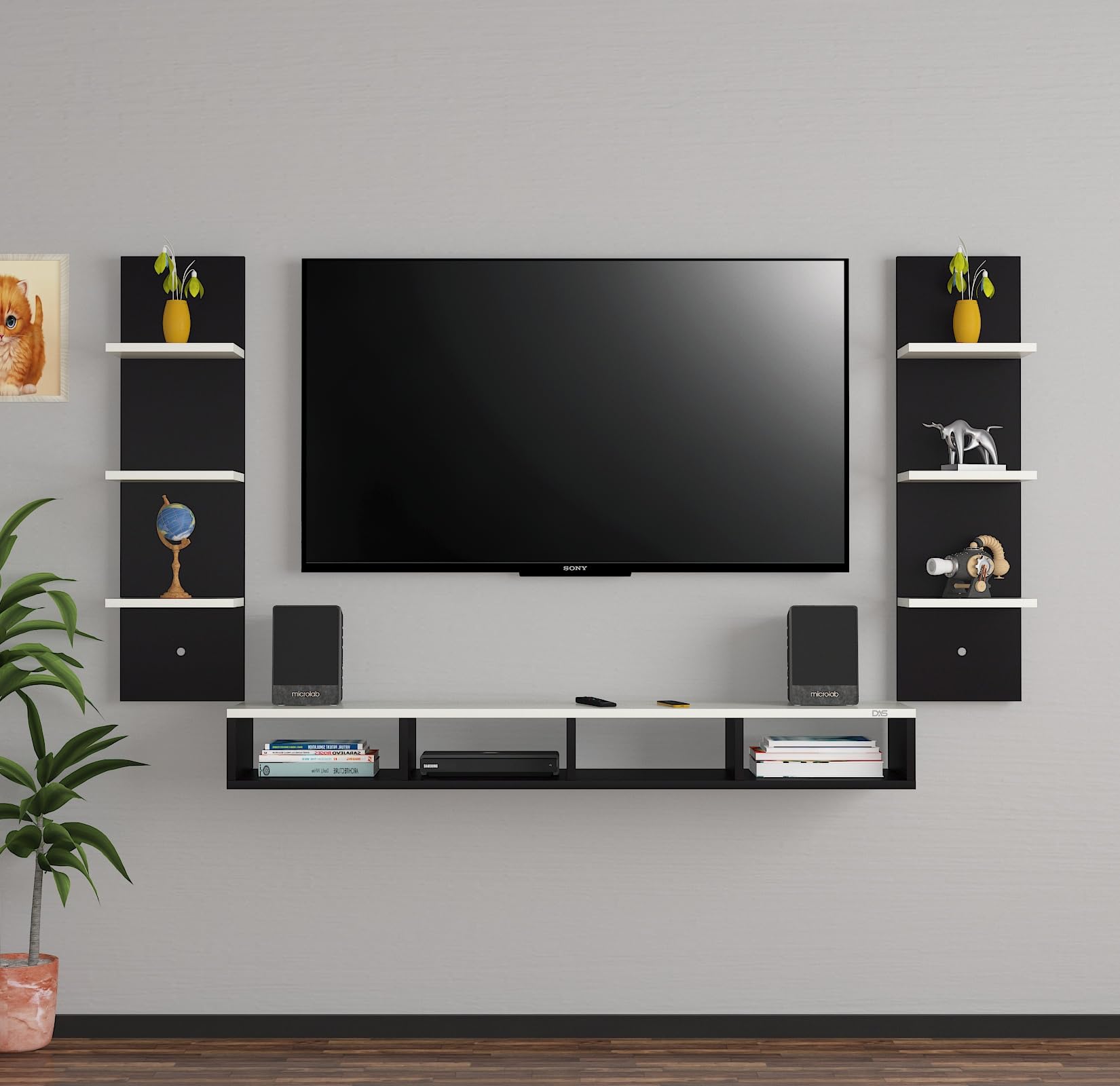 DAS Bolivar Pro Wall Mount Engineered Wood TV Entertainment Unit/Tv Rack Set to Box Stand with Wall Shelves for Living Room Black & Frosty White Finish (Ideal for up to 55") Screen-image-42