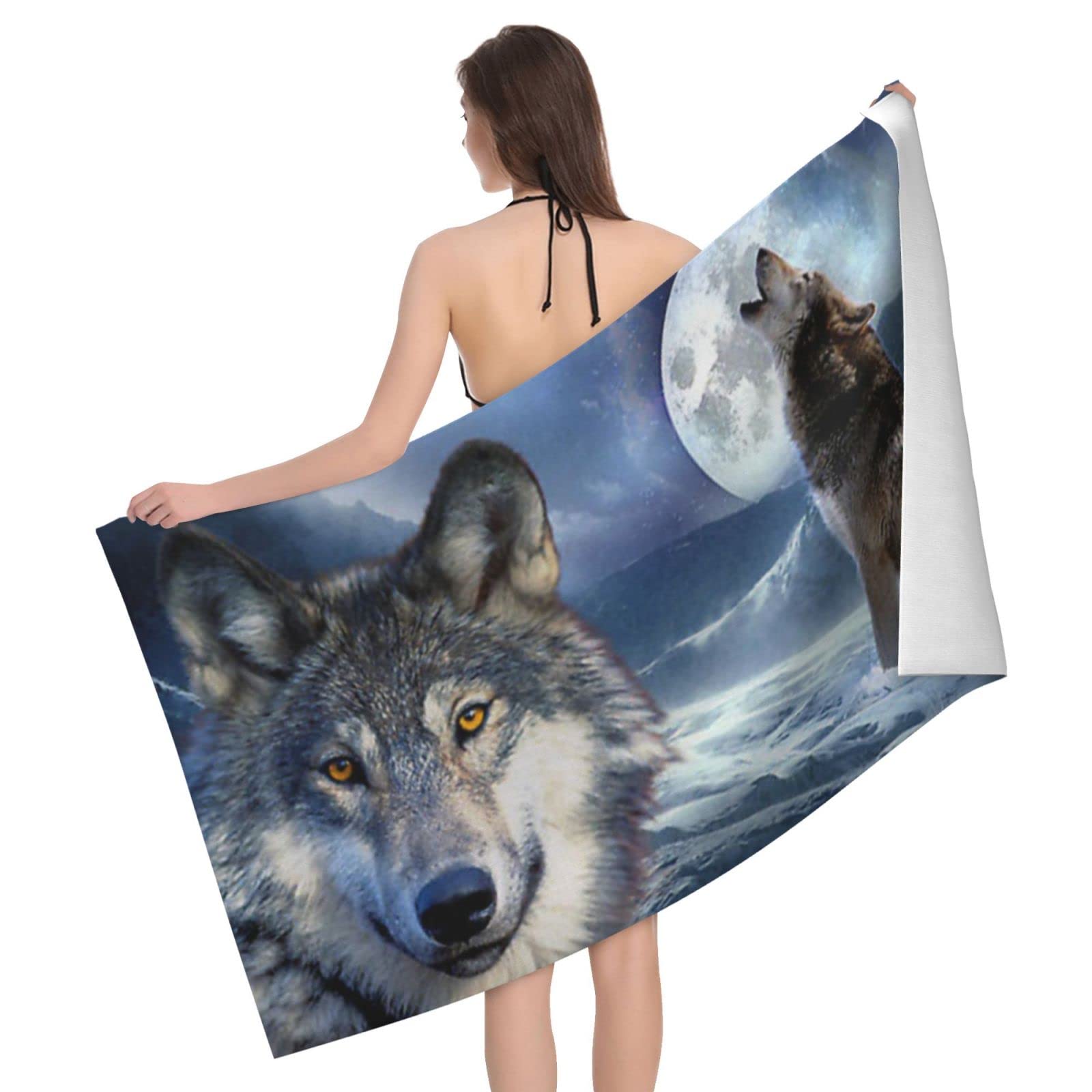 Lawenp Wolf at The Moon Night Beach Towel, Lightweight Sand Free Quick Dry Microfiber Absorbent Bath Towel for Kids, Adults, Swimming, Bath, Yoga, Pool, Travel, Camping 32"X52"