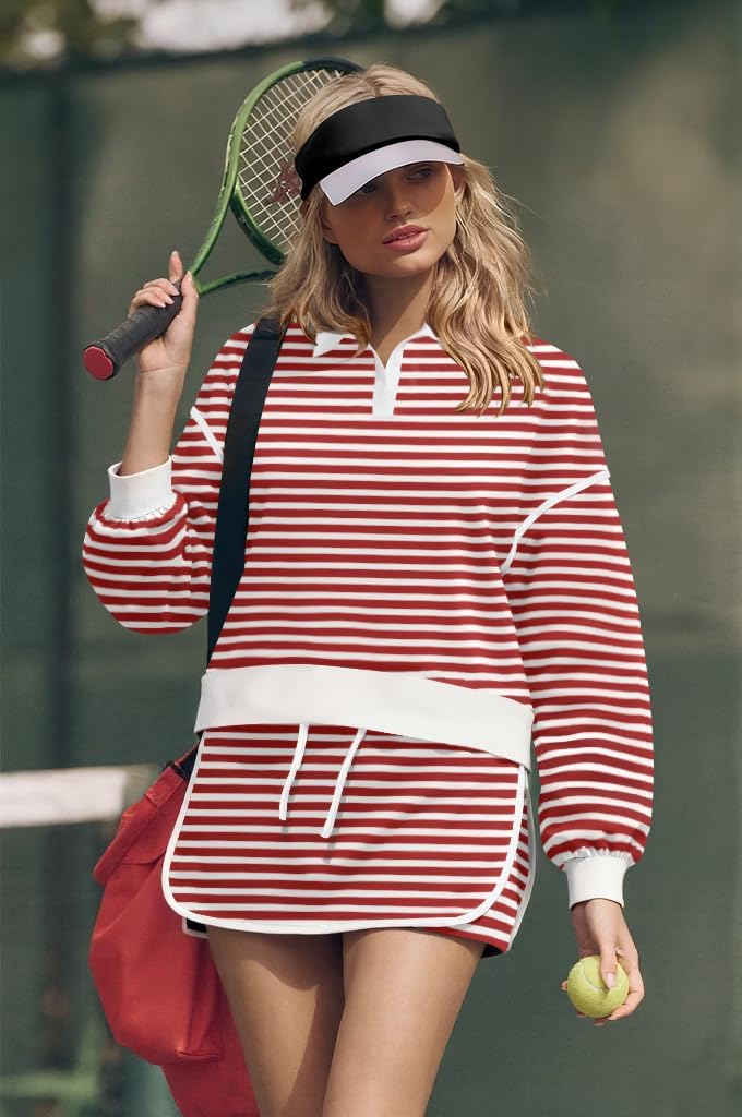 Womens Striped 2 Piece Outfits Long Sleeve Sweatshirt Button V Neck Sweatsuits High Waist Shorts Lounge Sets - Image 2