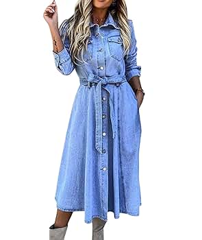 Sexyshine Women's Button Down Denim Shirt Dress Long Sleeve