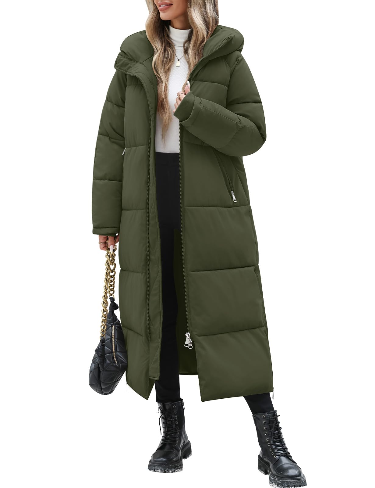 Vancavoo Abrigo Acolchado Mujer Invierno Chaqueta con Capucha | Parka Cálida con Cremallera de Doble Cursor, Aberturas Laterales con Zip y Bolsillos Laterales