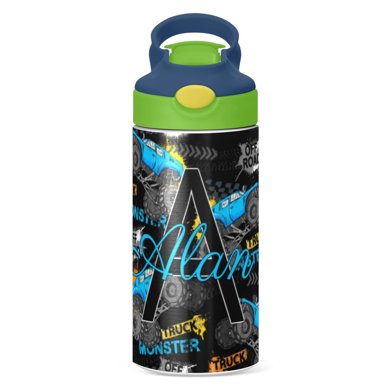 Monster Truck Tires Personalized Insulated Stainless Steel Water Bottle for Kids Toddlers Custom Steel Cup with Straw & Handle Kids Cups for School Boys Girls Office Travel Sports Gym