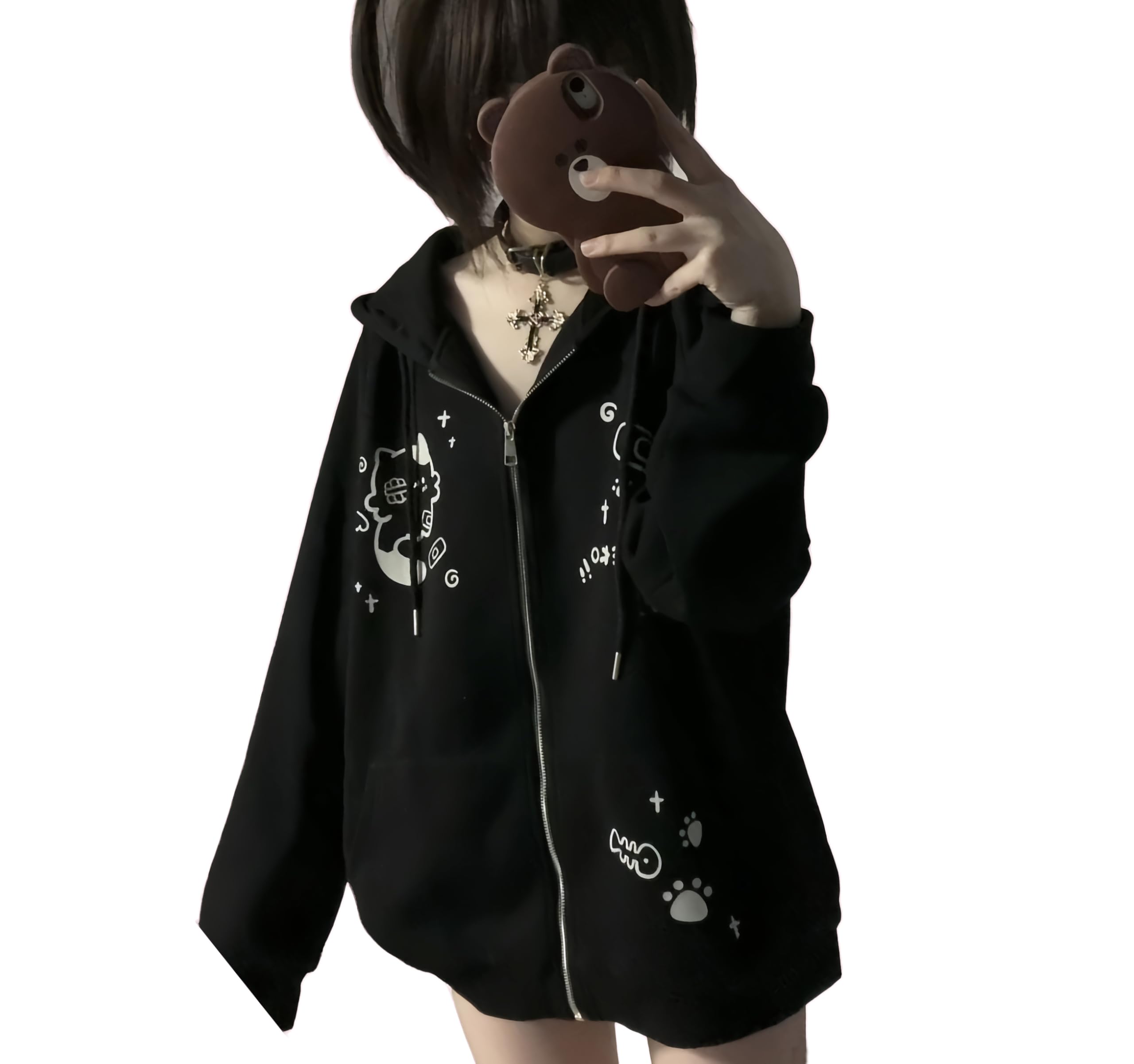 Dynict Womens Y2K Zip Up Cute Graphic Hoodies Cat Ears Casual Cartoon Harajuku Kawaii Clothes Oversize Streetwear Jacket