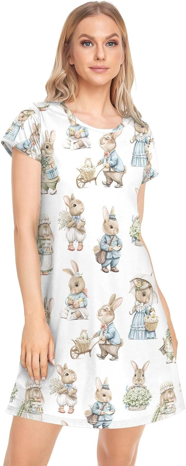 vvfelixl Womens Nightgown Cute White Gooses Short Sleeve Nightgowns for Women Sleepwear Night shirt Sleep Dress S-XXL