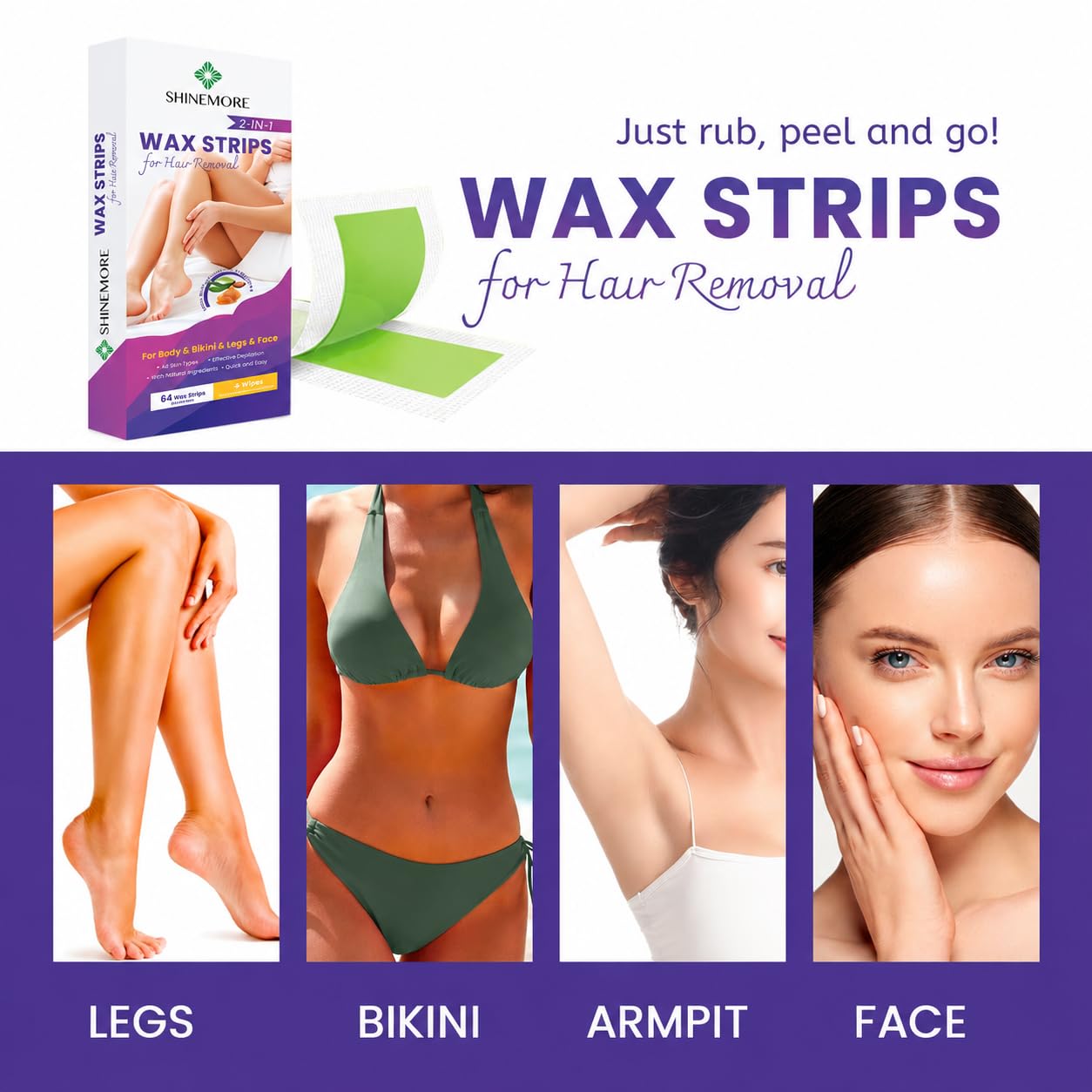ShineMore Wax Strips for Hair Removal: 64 Hypoallergenic Wax Strips for Legs, Bikini Area, Armpit, Body and Face, Nourishing and Gentle for Sensitive Skin, Includes 4 Calming Oil Wipes