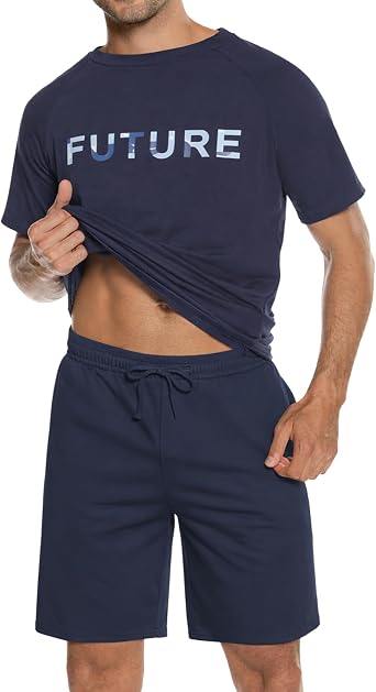 Sykooria Mens Pajamas Set Cotton Pajamas Shorts Set Short Sleeve Pjs Sets Soft Sleepwear S-XXL