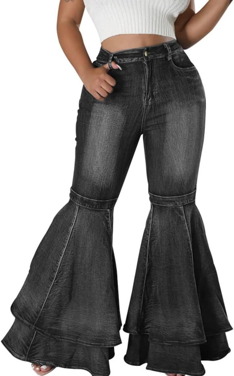 Women's Cute Flare Jeans Pleated Layered Ruffle Bell Hem Wide Leg Denim Pant