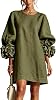 Vestido mini de algodón y lino para mujer de otoño, cuello redondo, manga globo larga, puño floral 3D, liso, holgado, elegante y casual 1