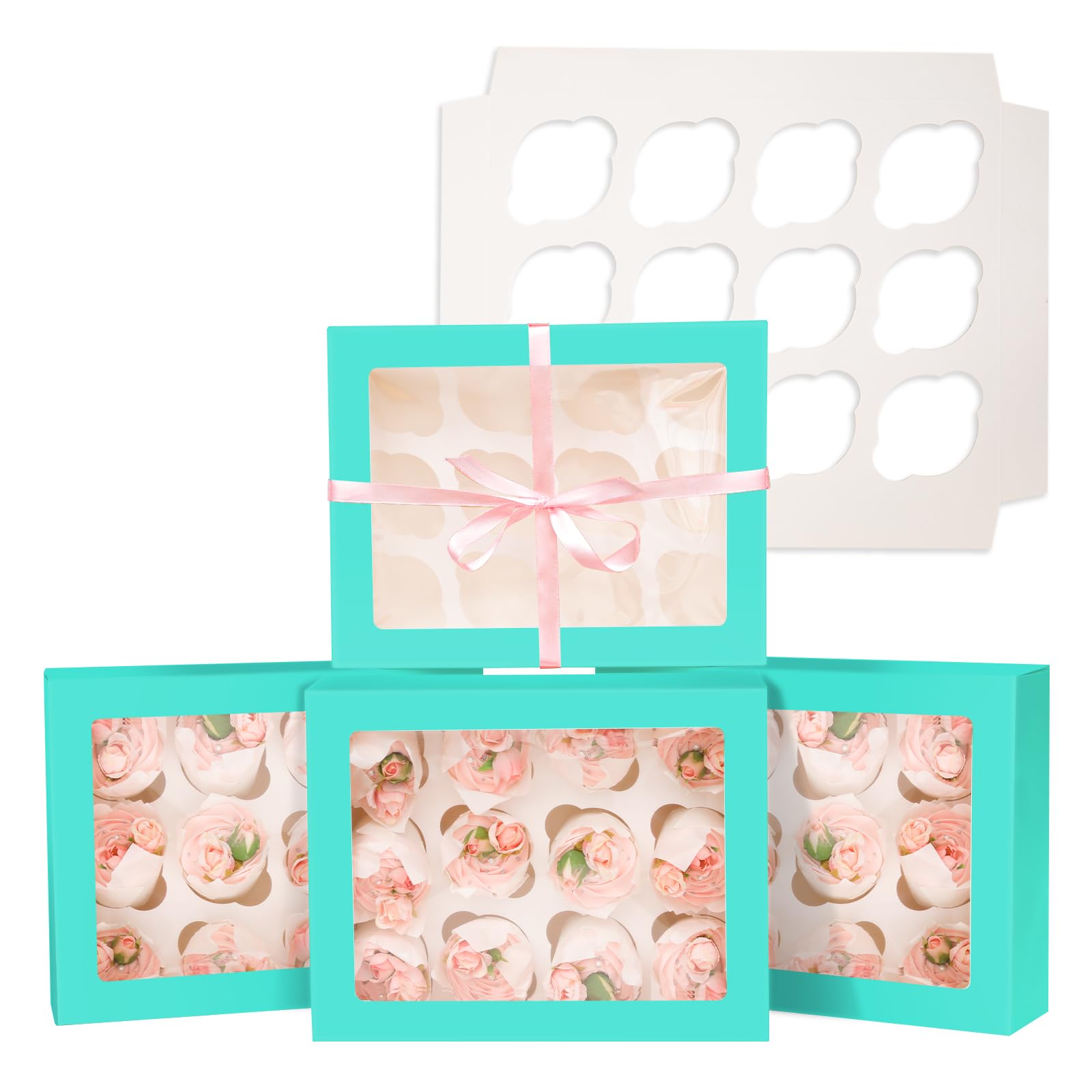 Gcardist Auto-pop Up 12 Cupcake Boxes with Window Mint Blue 6 Packs Cupcake Box 33x25.4x9cm Bakery Boxes for Cupcakes Carrier Cupcake Containers