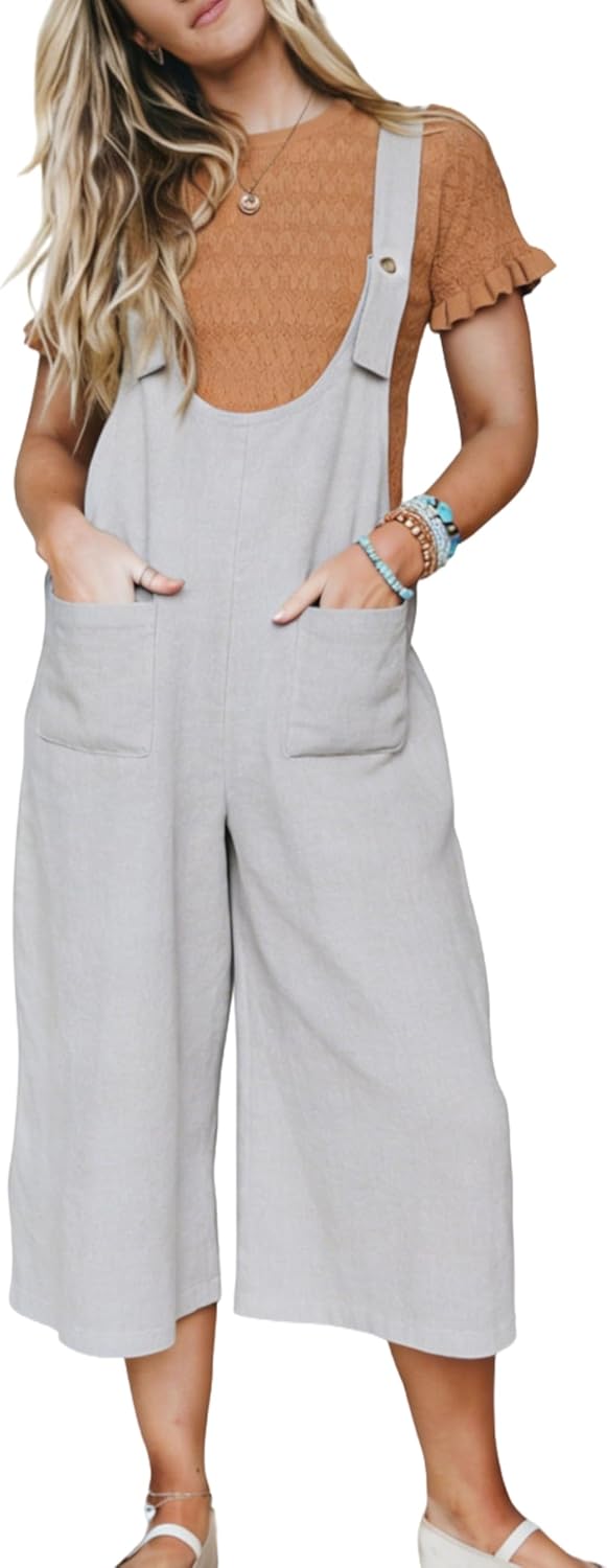 Yeokou Womens Jumpsuit Cotton U Neck Capri Pants Casual Summer Overalls Cropped Wide Leg Jumpsuits with Pockets