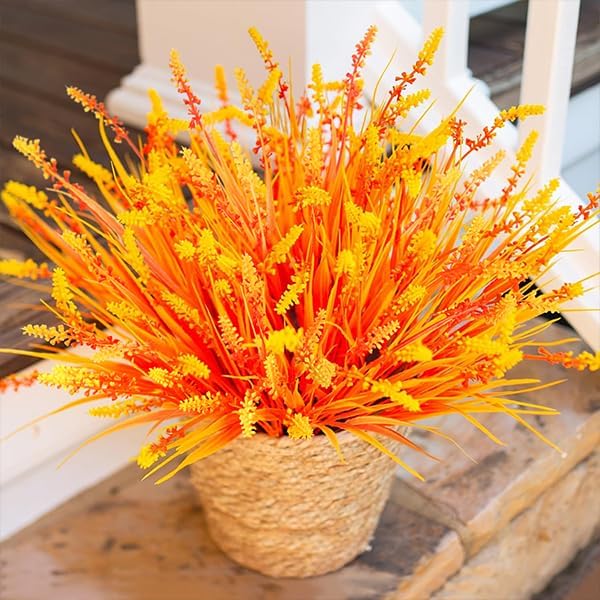 Artificial Fake Plants Flowers for Outdoors Fall Decor, 10 Bundles Fall Leaves Faux Lavender Flowers for Autumn Decoration, Fake Shrubs UV Resistant Planter for Garden Porch Balcony Home Patio Yard - Image 7