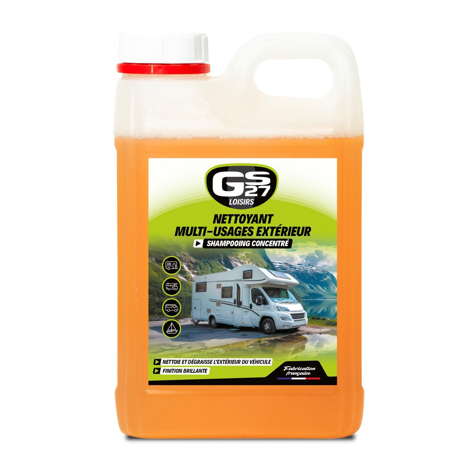 GS27 - Nettoyant Multi-Usages Extérieur pour Camping-Car, Van, Caravane et Bateau - Toutes Surfaces - Finition Brillante - Formule Concentrée - Format Compact - Fabriqué en France - 2L