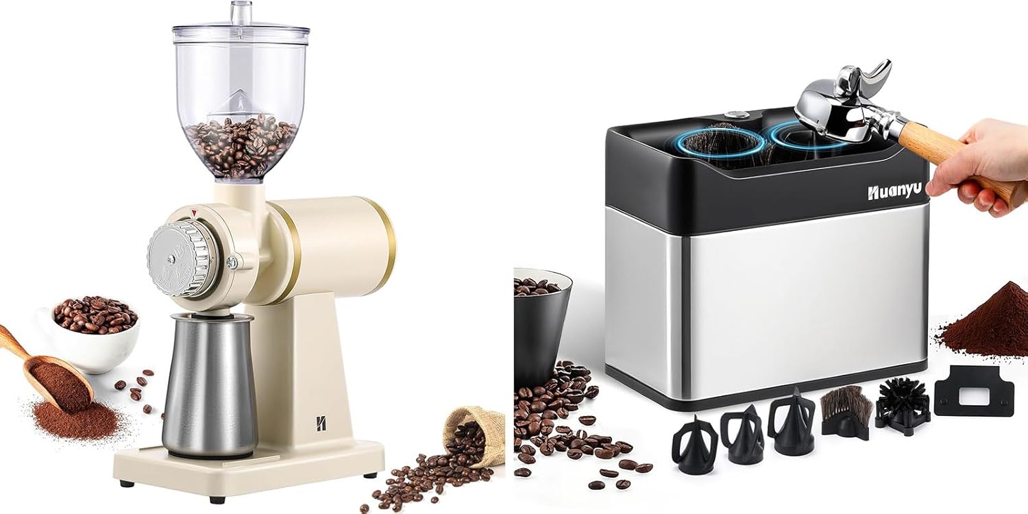 Huanyu Electric Coffee Bean Grinder 250G Automatic Burr Grinder White and Huanyu Electric Espresso Portafilter Cleaner with Dual Brush Heads and Three Scrapers Bundle