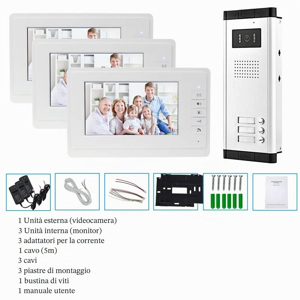 7 '' Videocitofono a colori cablato sistema di porte IR telecamera di visione notturna 480p + schermi di controllo interni per 2/3 appartamenti (3 monitor)
