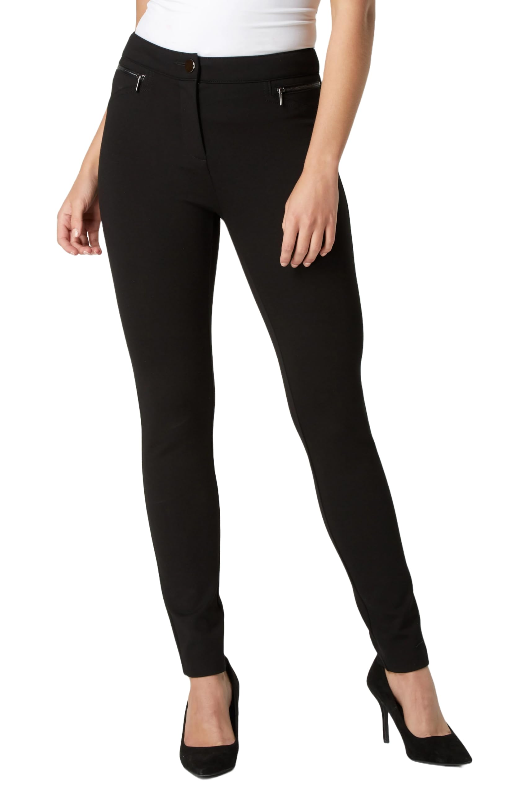 Roman Originals Office Trousers for Women UK Ladies Ponte Stretch Jersey Scuba Thick Work Interview Slimming Corporate Smart Formal Long Straight Ankle Grazer Pants - Size 18 - Black (27 in)