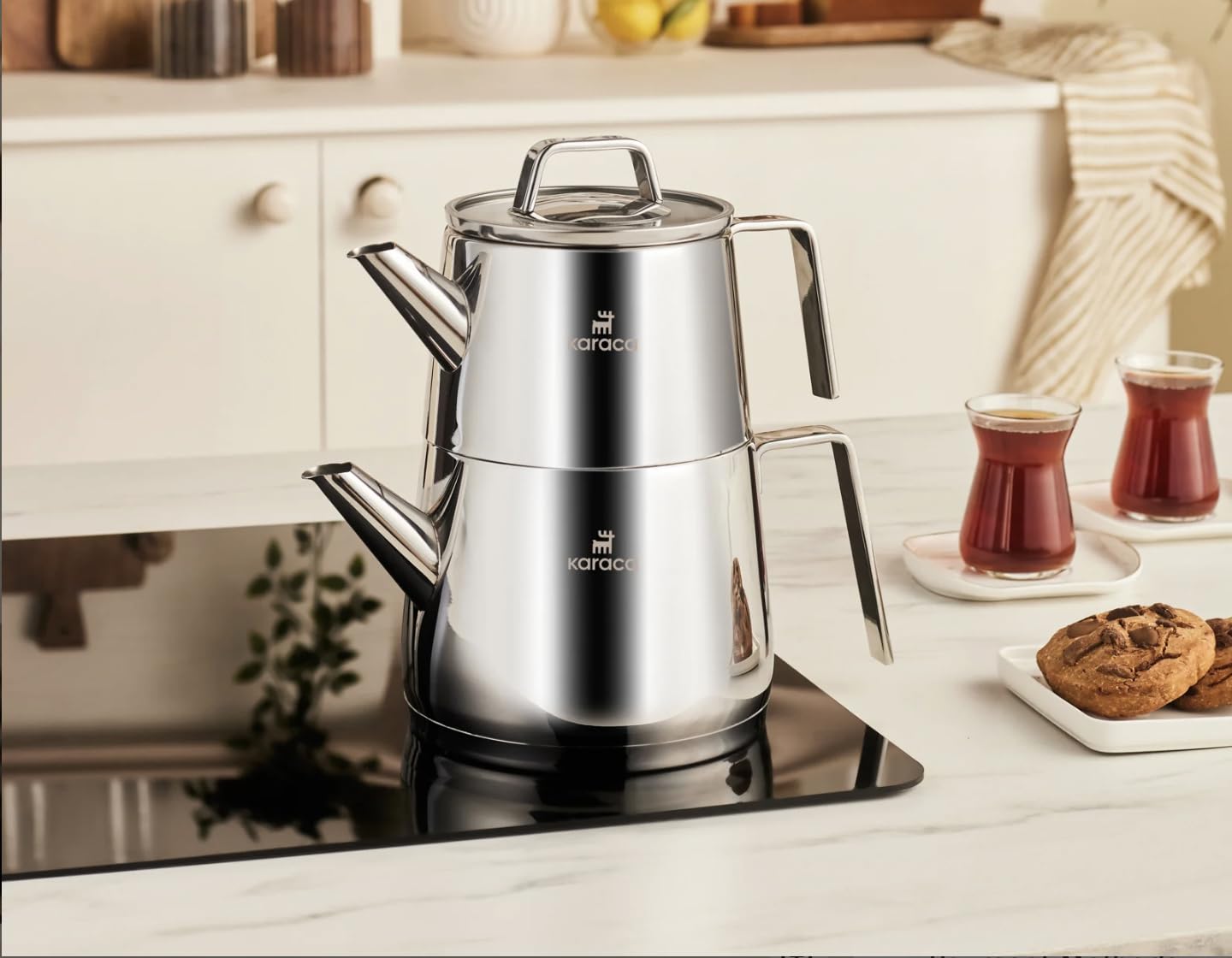 Karaca Steelina INOX Teapot Set, 2-Piece Stainless Steel Turkish Tea Maker with Matching Accessories, Durable and Stylish Infuser Set, 15x15x15 cm (5.9x5.9x5.9 in), Silver Finish
