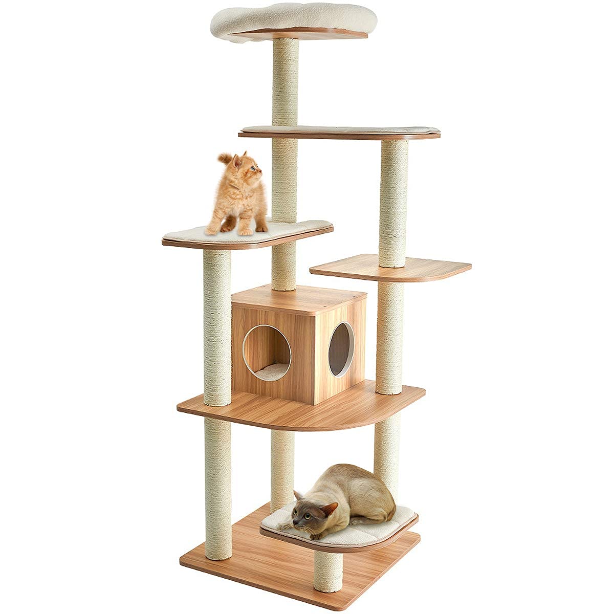 COSTWAY Árbol Rascador para Gatos de 175 cm, Torre para Gatos de Madera, con Plataformas Multiniveles, Rascadores y Columnas de Cuerdas de Sisal, Casa para Gato Recubierta en Tejido Afelpado, Natural