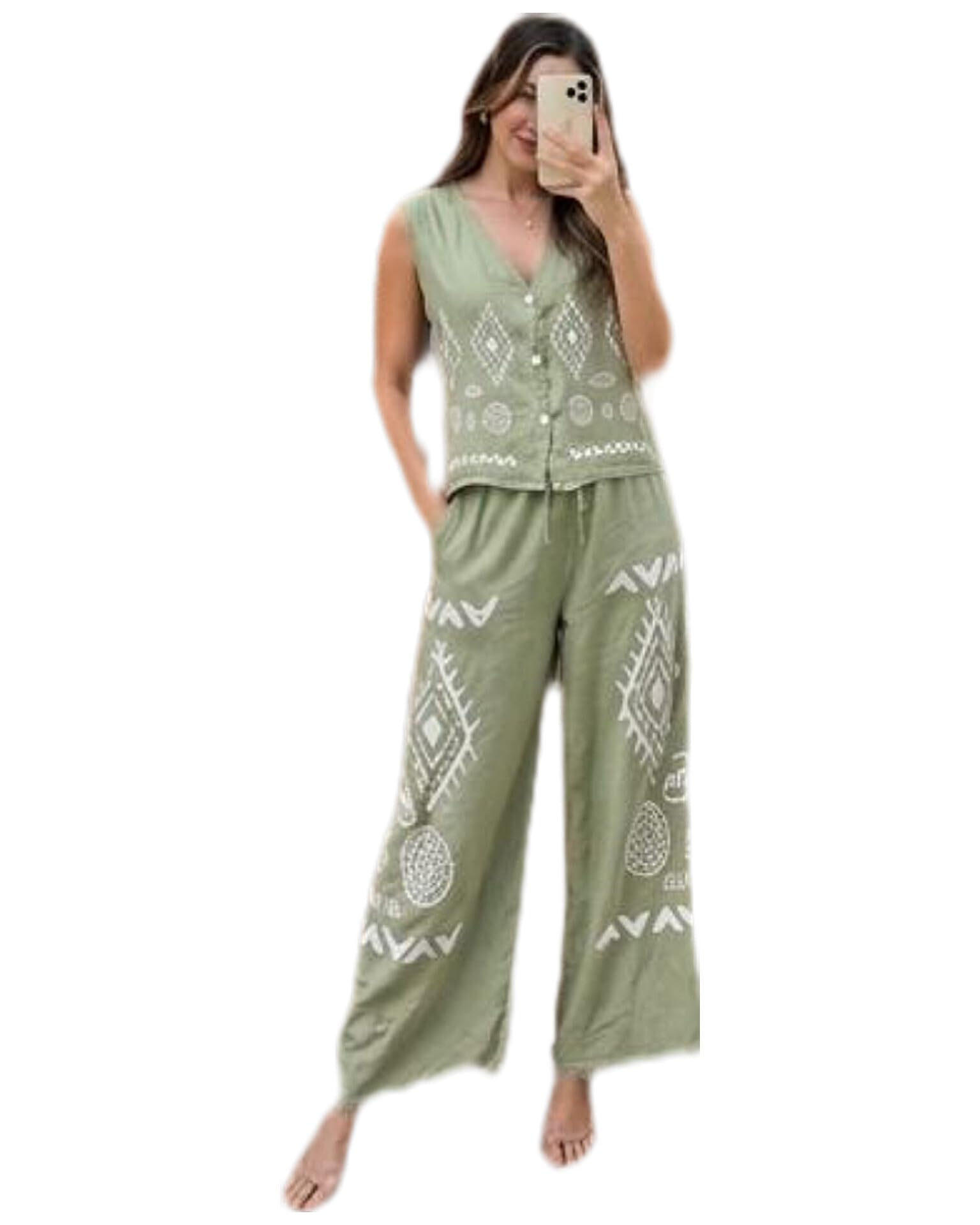 Women's Denim Blue Rayon Co-ord Set | Ethnic Printed Sleeveless V-Neck Waistcoat & Wide Leg Palazzo Pants-picture-37
