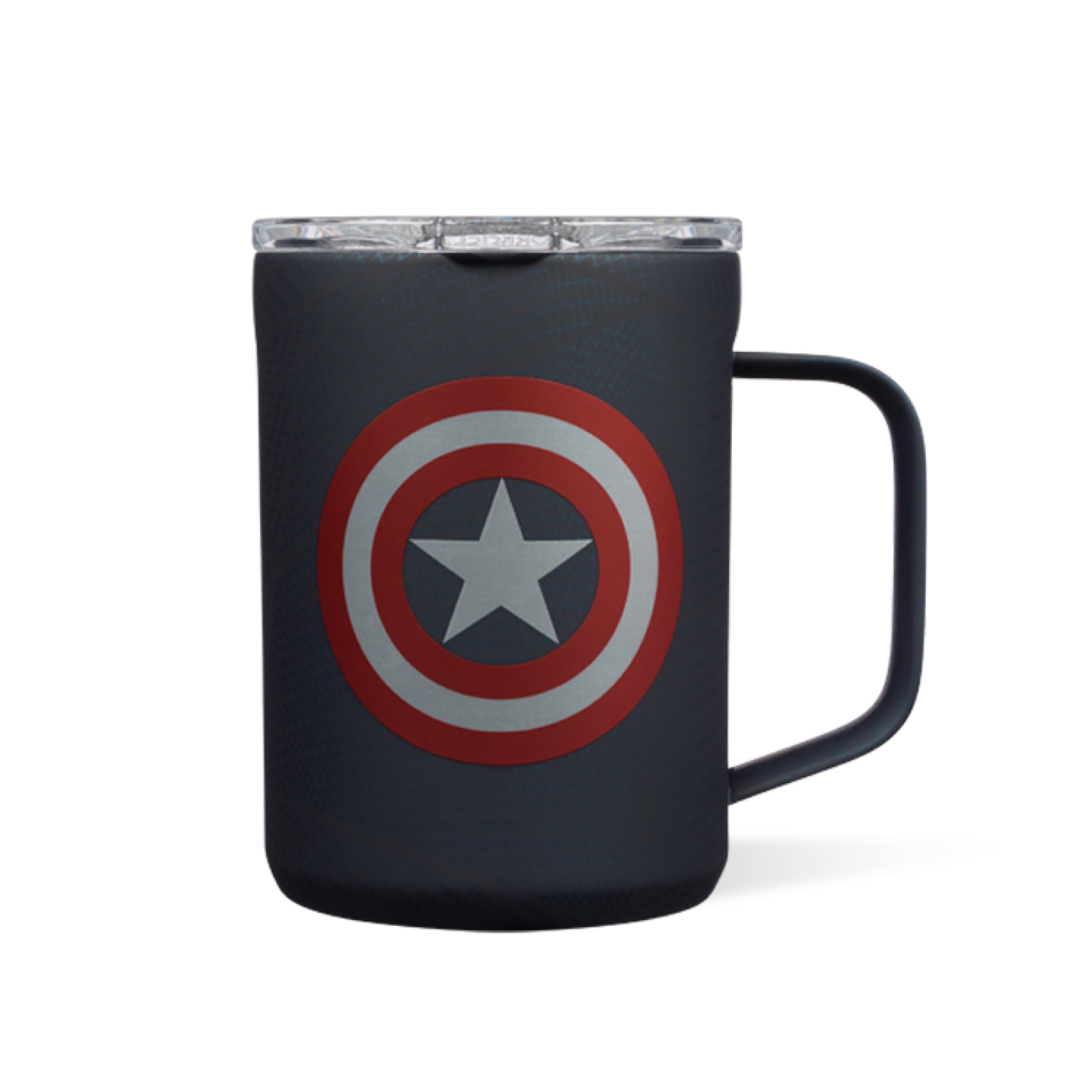 Corkcicle Marvel 16 Ounce Coffee Mug Triple Insulated Stainless Steel Cup with Clear Lid and Silicone Bottom for Hot Drinks, Captain America