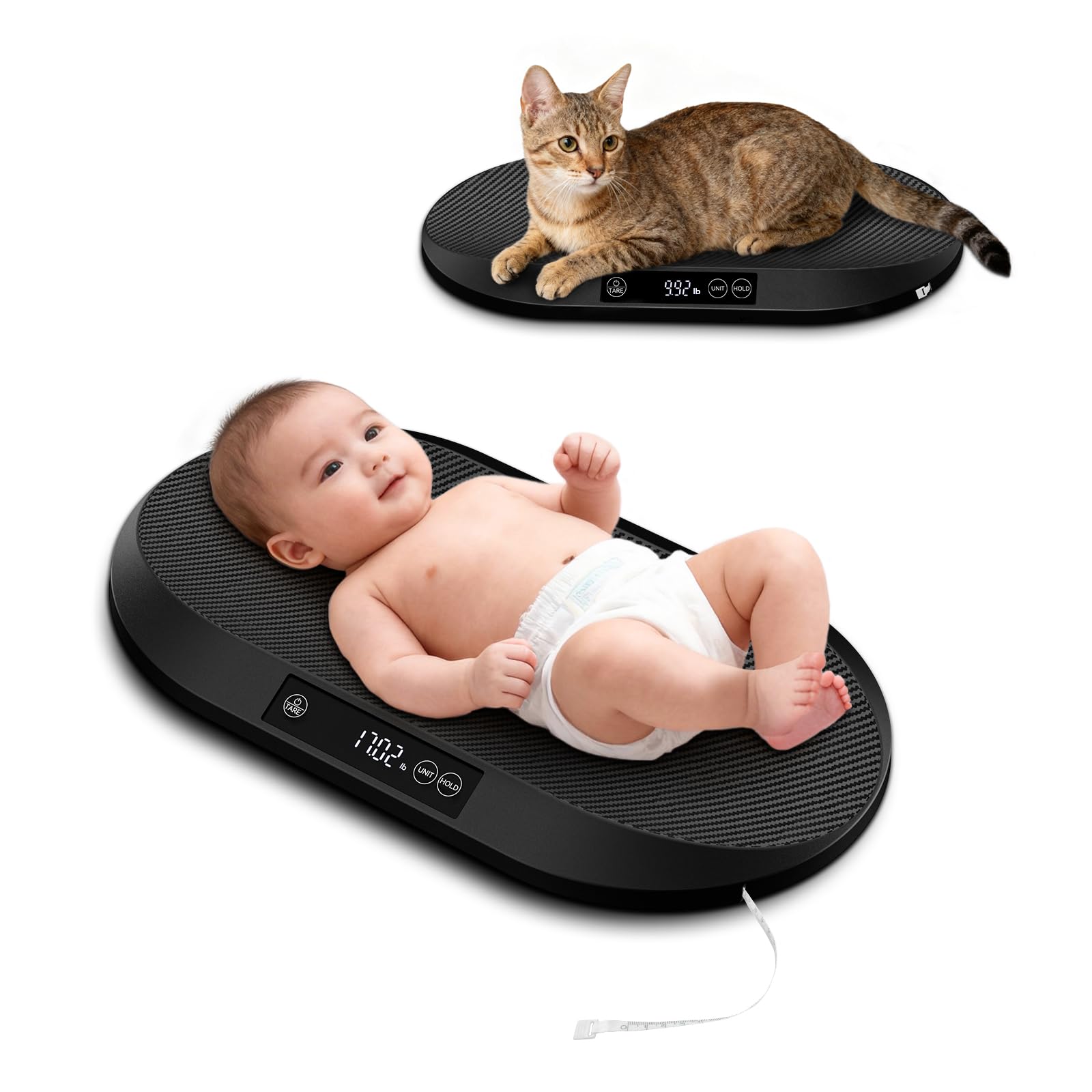 KUAIVO Babywaage, Max. 40 kg / 5 g Genauigkeit, Baby Waage mit Auto-Hold & Tara, Integriertes 150 cm Maßband, 5 Gewichtseinheiten, Multifunktionale Waage für Babys, Katzen, Welpen und Kleine Haustiere