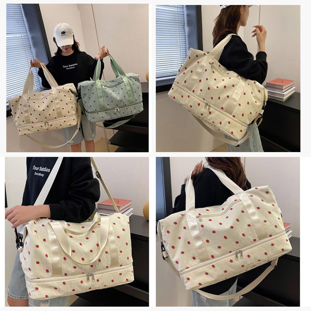 Strawberry Duffle Bag for Girls,Corduroy Gym Bag with Shoe Compartment & Wet Pocket,Cute Travel Bag Weekend Bag Dance Bag for Kids (white)