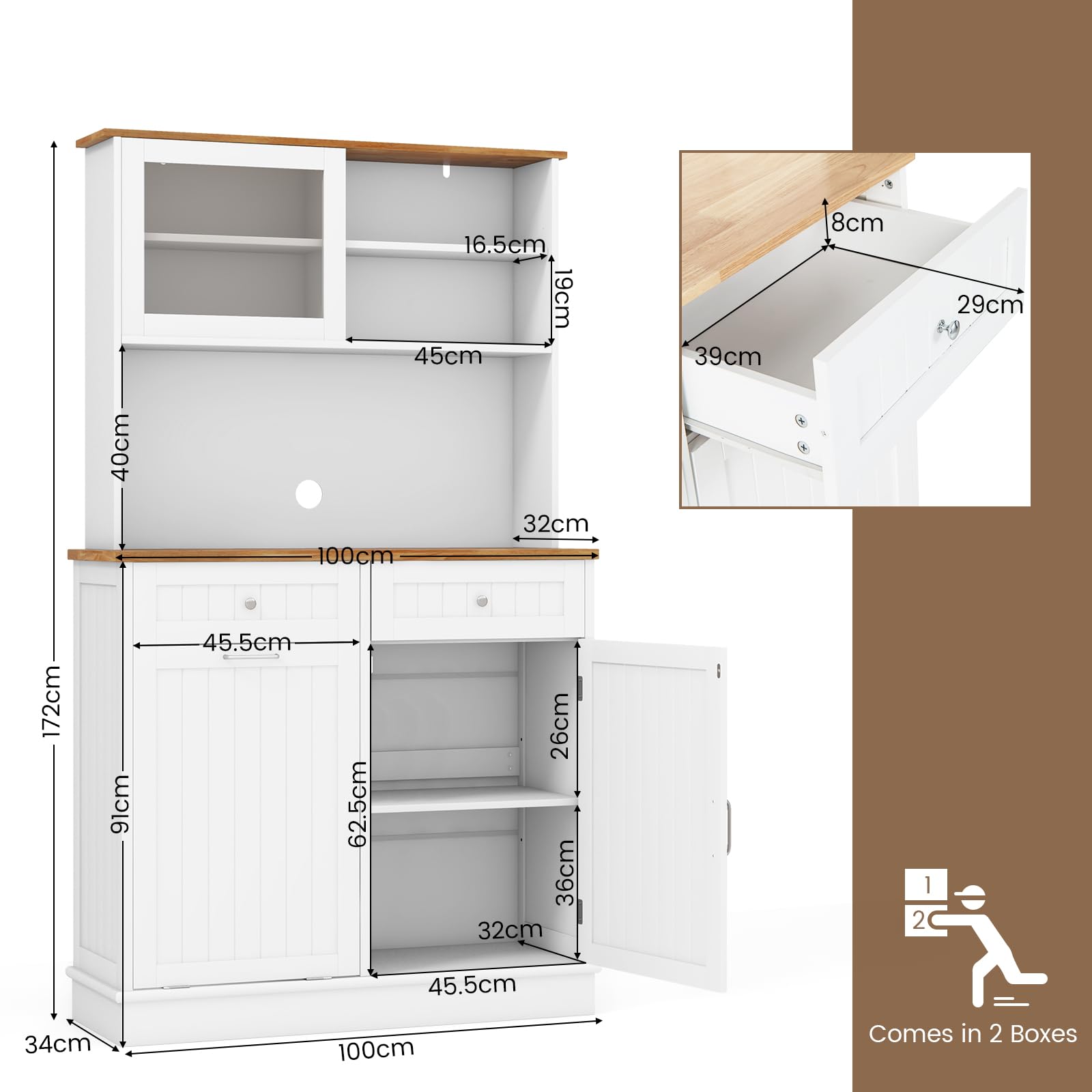 GIANTEX Kredens kuchenny, 3-drzwiowy, 2 szuflady, szafka kuchenna z koszem na śmieci 37,8 l, blat drewniany, 3 regulowane półki, 4 szafy, do salonu, 100 x 34 x 172 cm (biały)