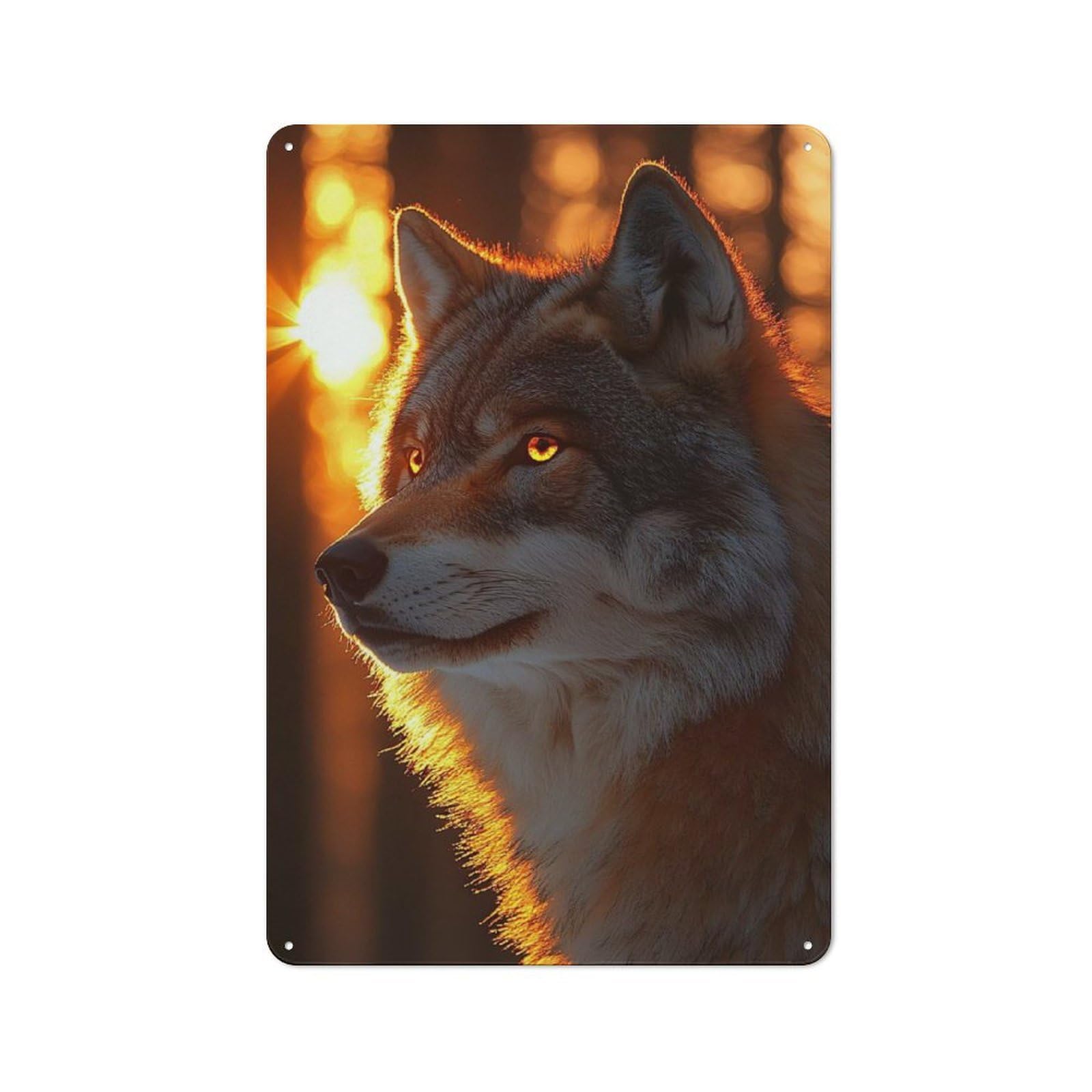 Wolf in Golden Light Industrial Metal Wall Decor 30x20cm, Tin Sign for Workshop, Basement, Shed Or Games Room