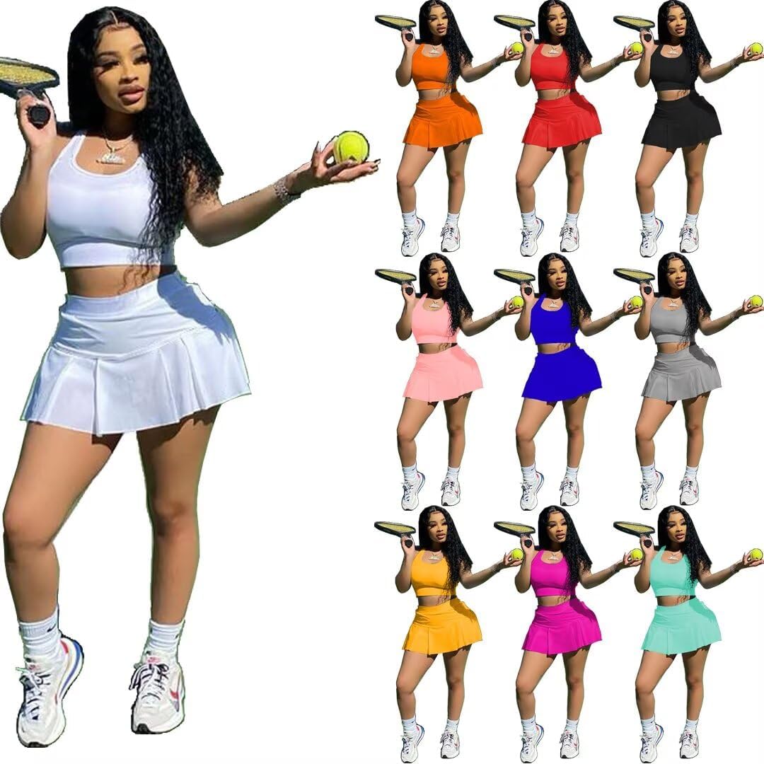 Womens Casual Sports 2 Piece Outfits Skirt Sets Athletic Tank Crop Top Mini Pleated Tennis Golf Skorts Skirts Activewear