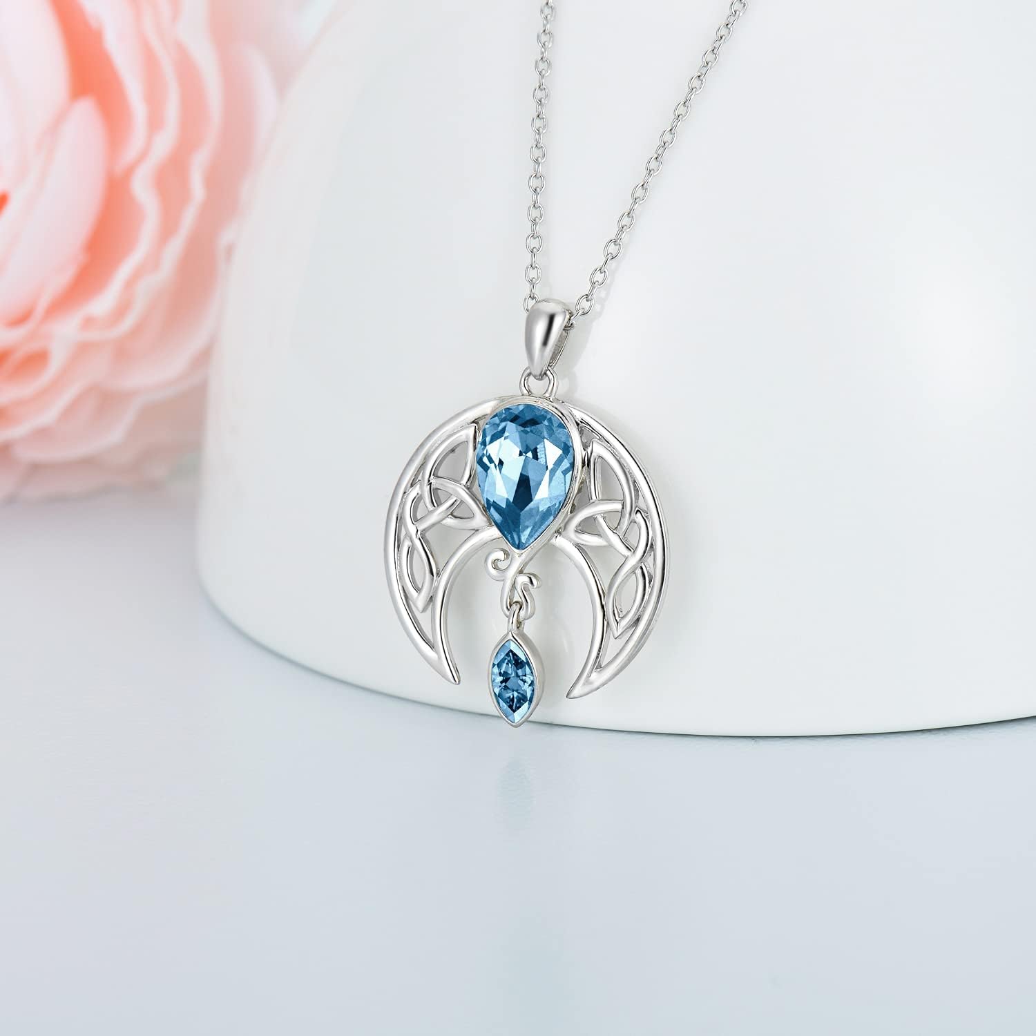 AOBOCO Sterling Silver Celtic Crescent Moon Goddess Pendant Irish Good Luck Necklace with Birthstone Crystal, Celtic Moon Jewelry Gift for Women Mom Wife - Image 2