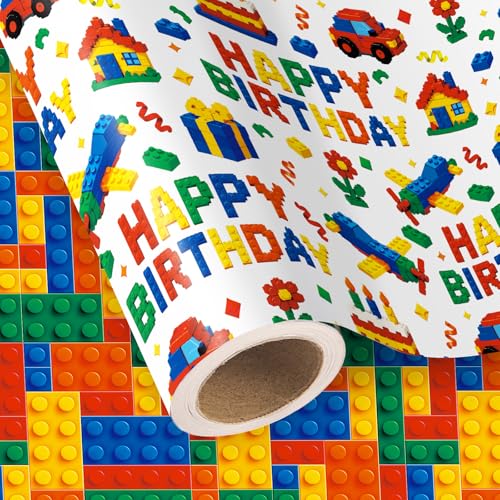 WRAPAHOLIC Reversible Happy Birthday Wrapping Paper - Mini Roll - 17 Inch x 16.5 Feet - Building Blocks Airplanes Cars Wrapping Paper for Boys, Baby Shower