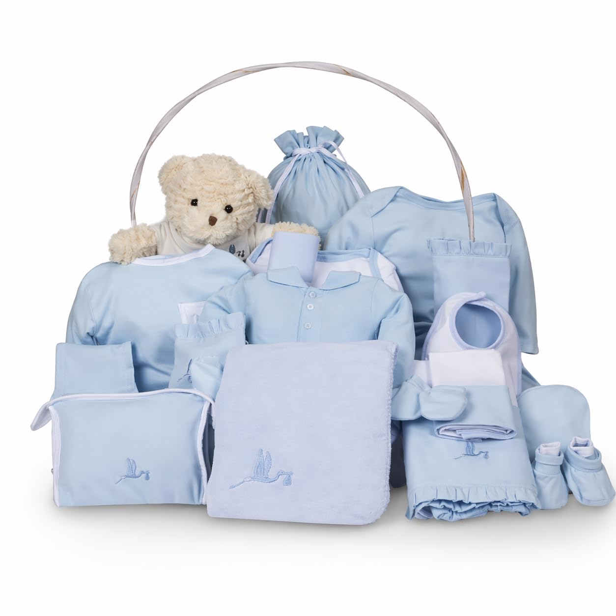 Das exklusivste und luxuriöseste Geburtsgeschenk. Ein traumhafter klassischer Korb, gefüllt mit praktischen Produkten für das Baby. Blau. (3-6 Monate) | BebeDeParis