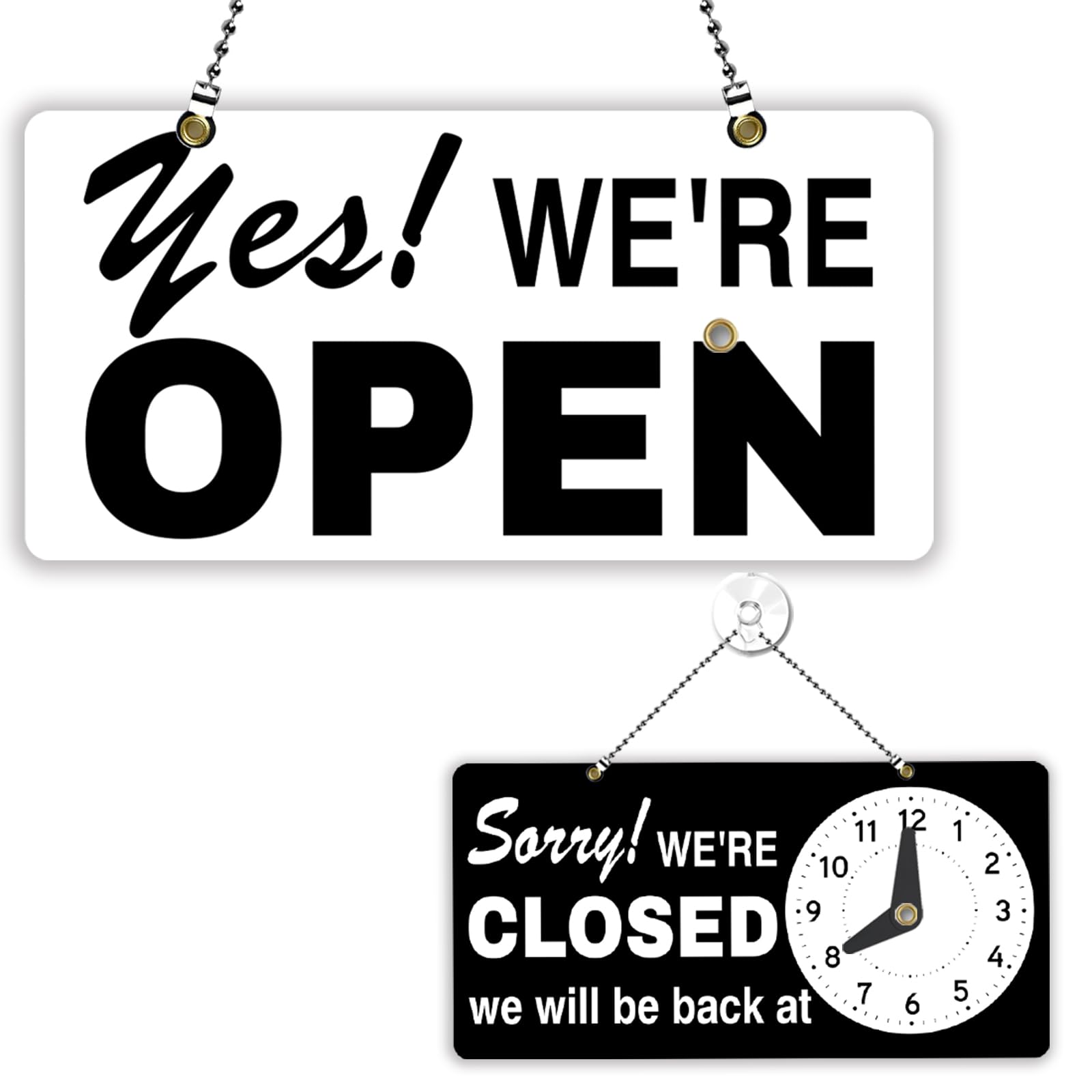 PLIGREAT Classic Open Closed Signs, Double Sided Open Sign with Clock Yes Sorry Business Sign for Retail Store Window Wall Decor Hanging Door Signs with Chain, Black White