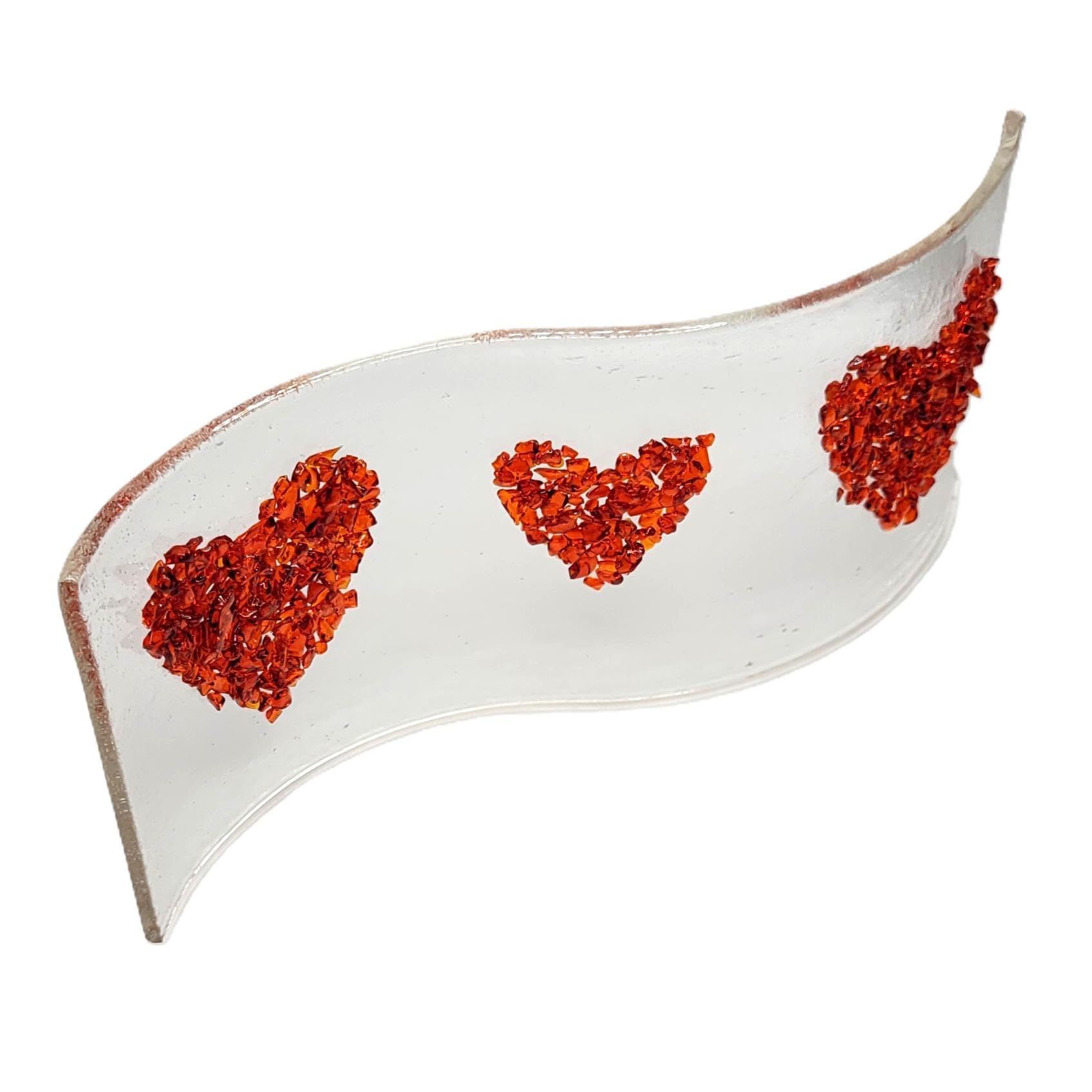 Handmade fused glass curved panel with crushed glass hearts (Red)
