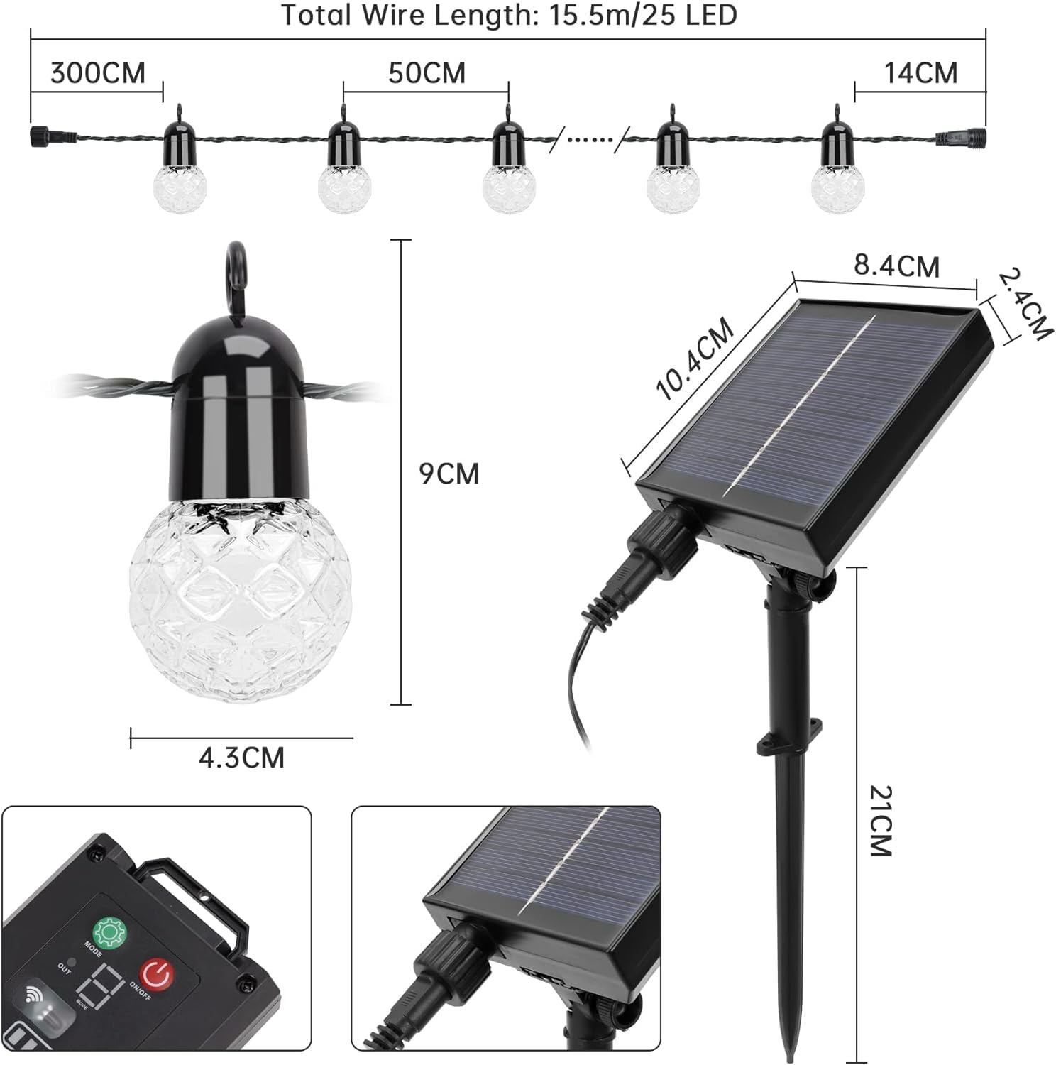 Łańcuch świetlny solarny do użytku na zewnątrz, łańcuch świetlny G40 z 15,5 m / 25 żarówkami LED, ciepła biel, 2700 K, solarny łańcuch świetlny z pilotem zdalnego sterowania, do dekoracji