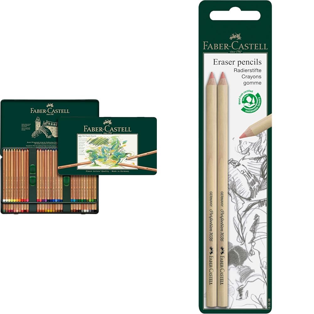 Faber-Castell 112160 Crayon PITT PASTEL boîte métal de 60 pièces & Perfection 185698 2 crayons gomme