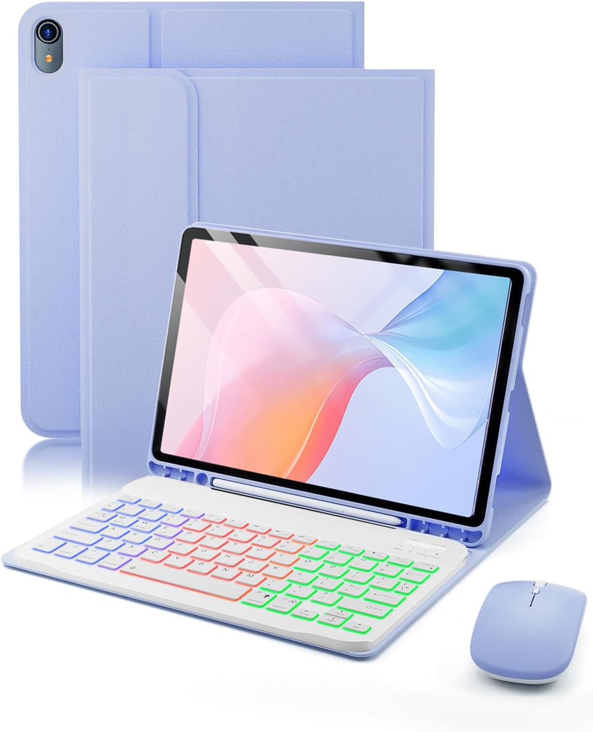Para iPad A16 11 Generación (2025) 11 pulgadas / iPad 10 Generación (2022) 10,9 pulgadas funda con Teclado inalámbrico Bluetooth retroiluminado (teclado QWERTY, distribución española) y ratón,Morado