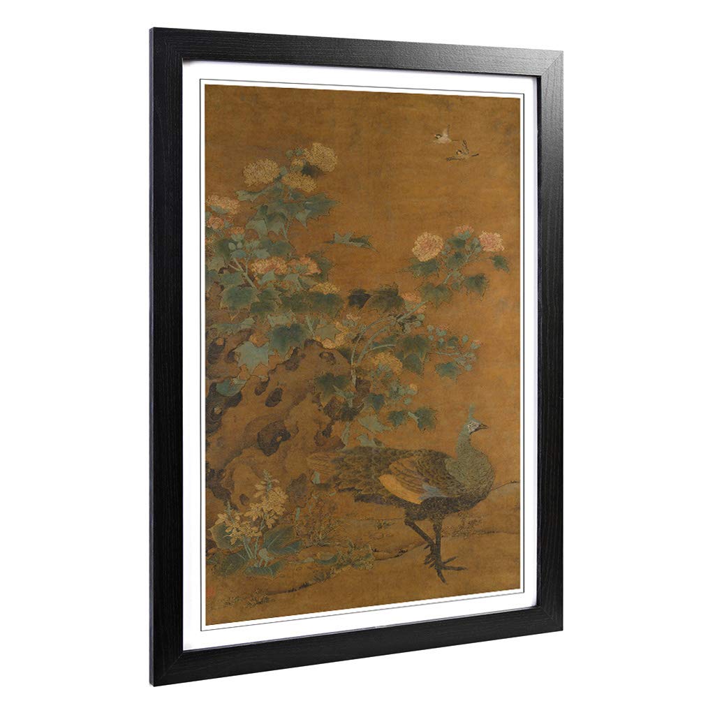 Big Box Art Framed Print of Yao Tingmei Oriental Peacock and Hollycock Design | Wall Art Picture | Home Decor for Kitchen, Living Room, Bedroom, Hallway, Black, A2 / 24.5x18 Inch / 62x45cm