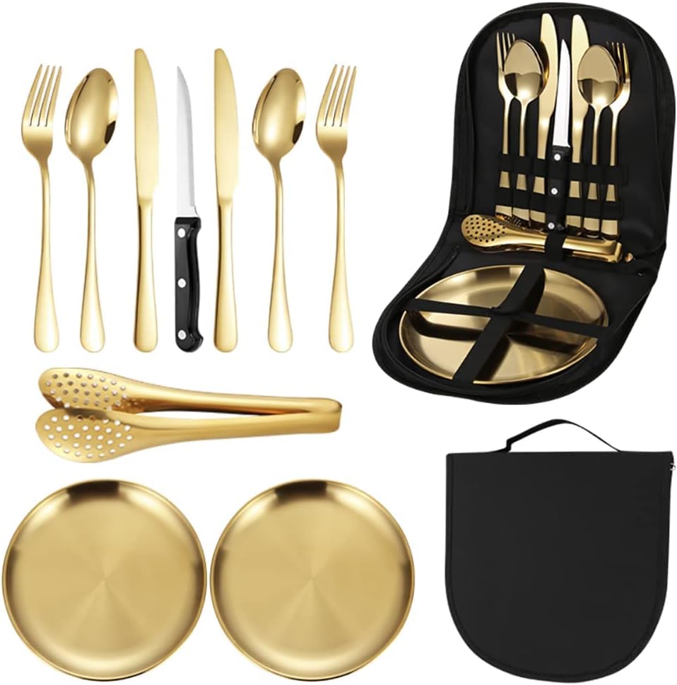 Excefore Stainless Steel Tableware Set for Camping and Picnics - Portable 10 Piece Kit with Knife, Fork, Spoon, Plate, and Steak Clip