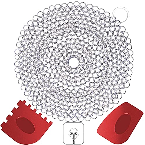 Ringreiniger Dutch Oven Zubehör, Gusseisen Reiniger aus 316 Edelstahl Gusseisenreiniger, Gusseisen Reinigungsset mit Kunststoff Schaber und Haken für Bratpfanne Topf...