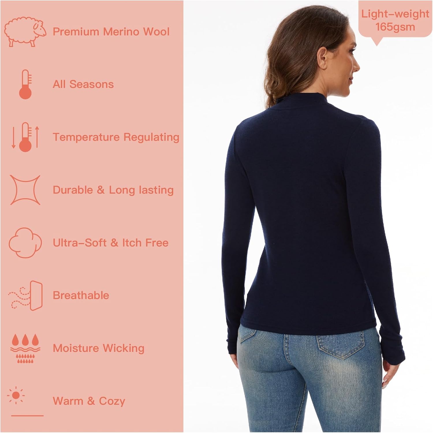 MERINNOVATION Merino Wool Base Layer Women - 100% Merino Wool Shirts for Women Long Sleeve Thermal Top Turtle Neck Shirt - Image 3