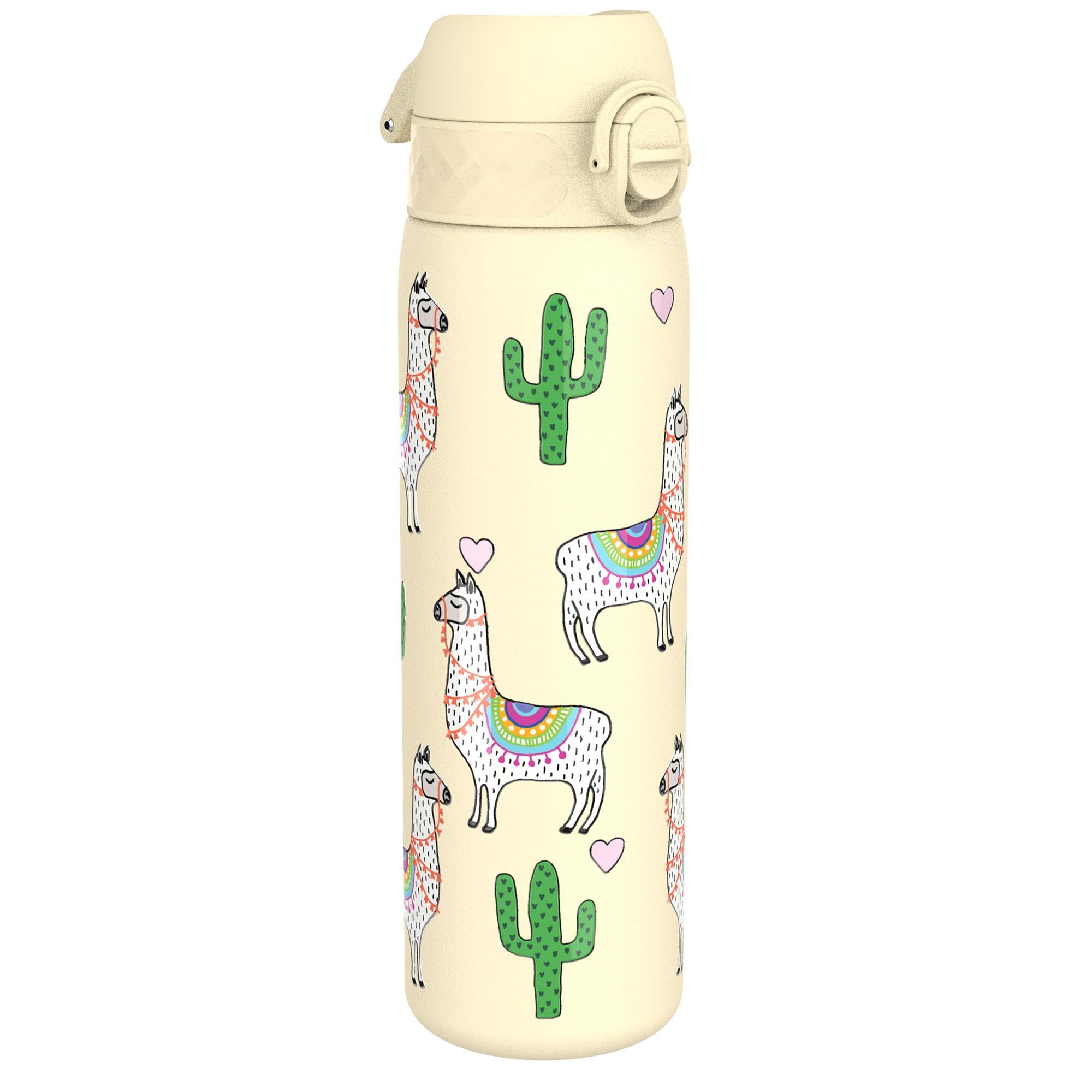 ion8 Leicht Stahl-Trinkflasche, 600 ml, Nicht IsoliertAuslaufsicher, Einhandöffnung, Sichere Verriegelung, Spülmaschinenfest, Klappdeckel, Tragegriff, Leicht zu Reinigen, Lamas-Design