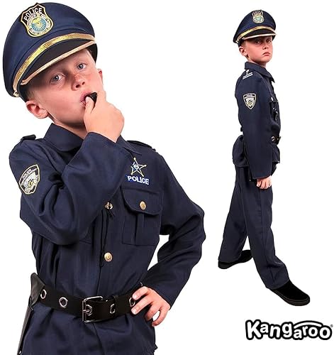 Miniatura 3 de Kangaroo Disfraz de policía para niños, sombrero de policía, camisa, pantalones, cinturón, funda y silbato, disfraz de policía para niños y niñas