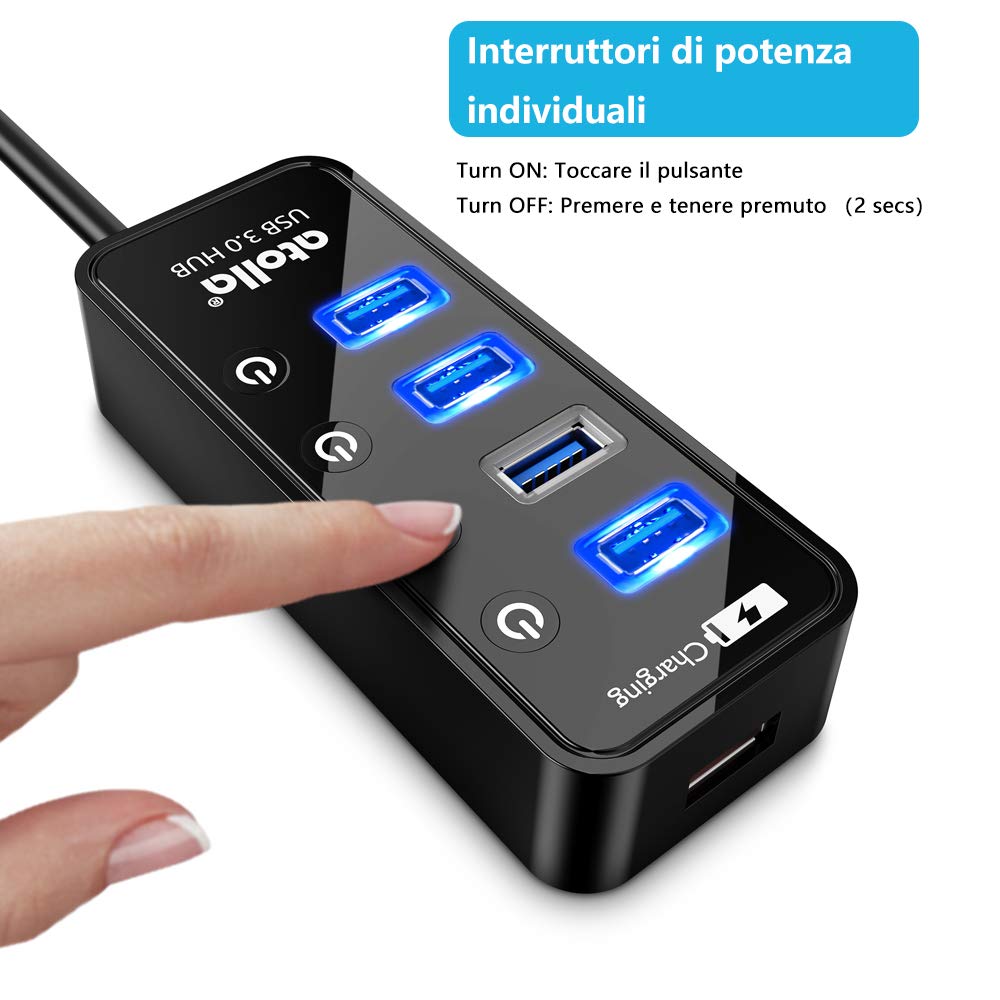 Hub USB 3.0 Alimentato, atolla Hub USB Alimentato - 4 Porta USB 3.0 SuperSpeed e Una Aipower Porte con Interruttore On/Off e Alimentatore 5V/3A per MacBook/MacBook Air/MacBook PRO