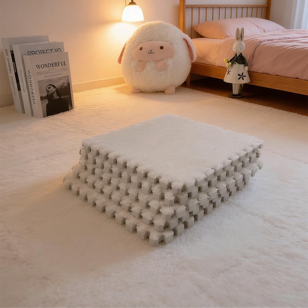 Esterilla de espuma de felpa entrelazada, 30 x 30 cm, 12 unidades, con borde, baldosas de espuma entrelazables, para niños, salón, dormitorio (blanco)