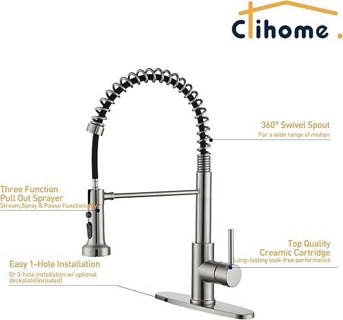 Miniatura 5 de Clihome Grifo de fregadero de cocina de níquel cepillado con rociador extraíble, grifo de fregadero de una sola manija, grifo de cocina RV con placa