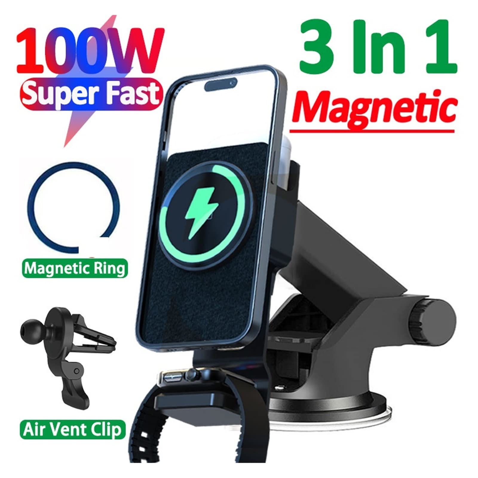 Bezprzewodowe ładowarki magnetyczne 100 W 3 w 1 Stojak na odpowietrznik samochodowy Uchwyt na telefon Stacja szybkiego ładowania do telefonu Zegarek Słuchawki Kompaktowy i mocny(Charger with Sucker)