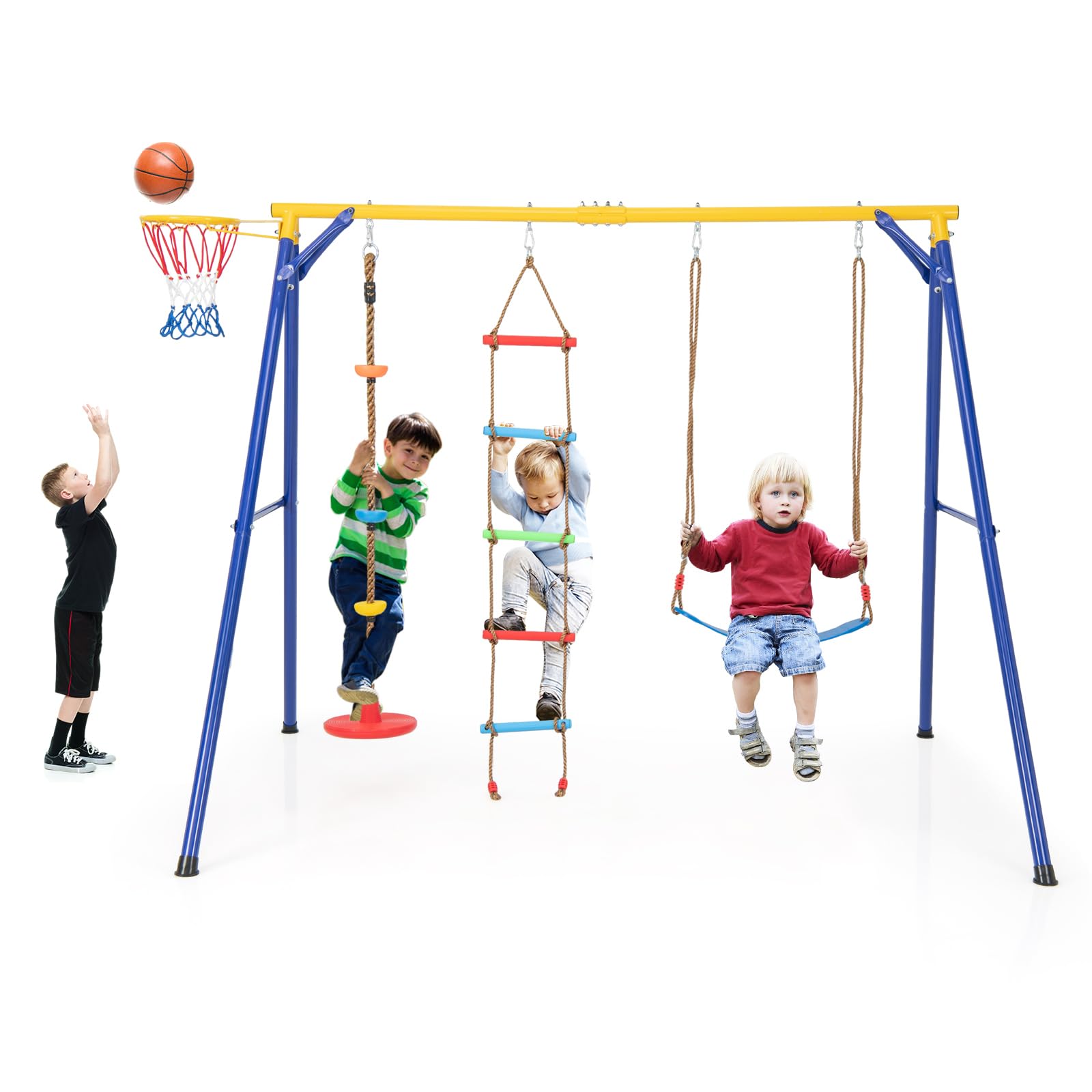 4 in 1 Kids Swing Set, 300 KG Heavy Duty A-Frame Metal Swing Stand with Climbing Ladder, Basketball Hoop and Dis Rope, Toddler Playground Backyard Equipment Outdoor for 3-9 Years Old