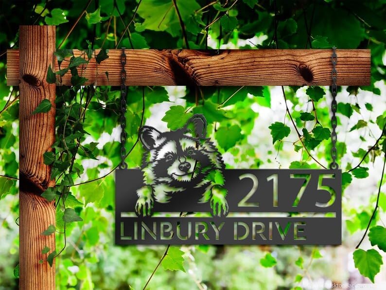 Personalized Raccoon Address Sign, 8x8 inch, Black Aluminum, Whimsical Style, Wall Mount, Lawn & Entrance Sign, 1 Count